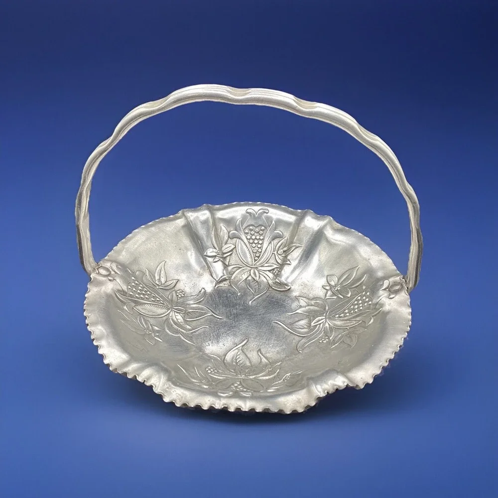 Vintage Hammered Aluminum Basket w/ Handle Decorative Collectible Decor